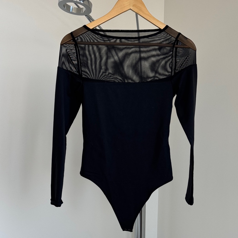 Abercrombie & Fitch Black Long-Sleeve Bodysuit with Sheer Mesh Yoke